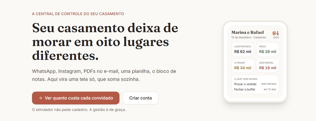 Página inicial do Até o Altar: a manchete diz que o casamento deixa de morar em oito lugares diferentes, com os botões de simular e criar conta, e à direita o cartão de um casamento de exemplo com o total contratado, o já pago, o que falta pagar e as próximas tarefas