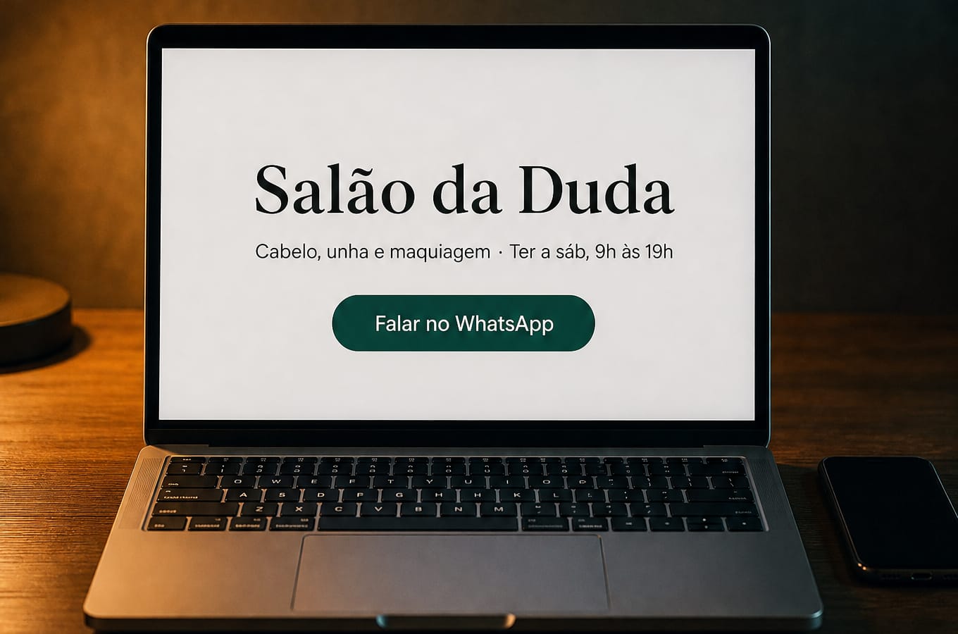 Notebook aberto sobre uma mesa de madeira mostrando um site simples de um salão de beleza fictício, com o nome, o horário de atendimento e o botão Falar no WhatsApp